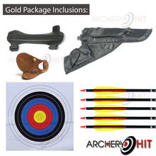 Load image into Gallery viewer, Inclusions of the Wooden Recurve bow gold package from Archery Hit

